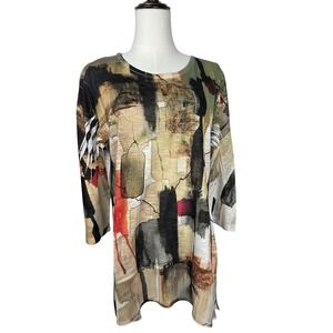Jess & Jane Tunic Large Multicolor Abstract Art Slub Knit Top Art To Wear Earthy